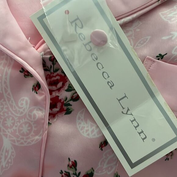 Rebecca Lynn Vintage Silky Pajama Set Pink Floral Top Pink Elastic Waist Pants - Picture 10 of 10
